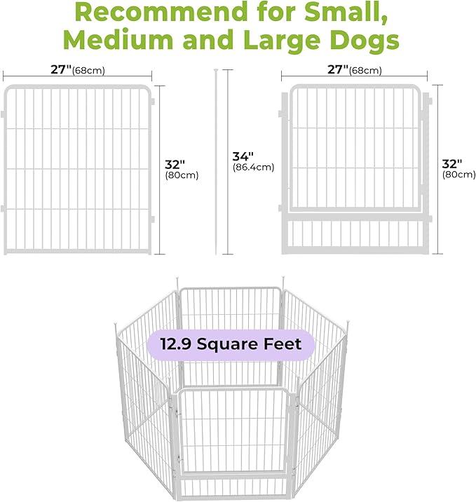 SunsGrove Indoor Dog Playpen, 32 Inch 6 Panels with Wider Door for Small and Medium Dogs, Easy Setup Anti-Rust Pet Fence, White