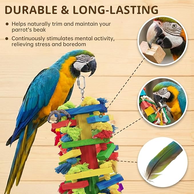 Large Parrot Toys Natural Wood Bird Toy Multicolored Chewing Gifts for Large Medium Macaws, African Grey, Parakeets and Amazon Parrots