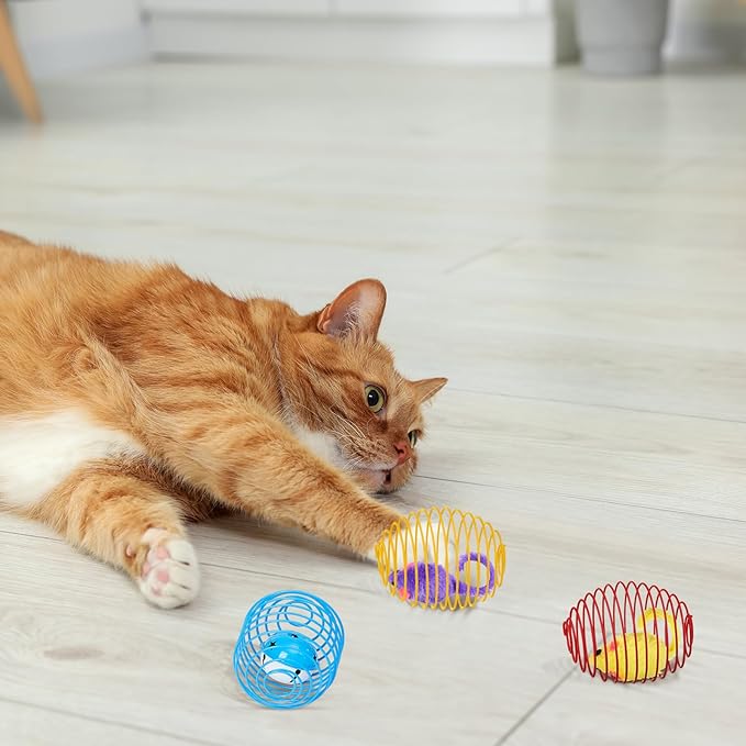 Jecery 5 Pcs Cat Spring Balls Toys Stretchable Rolling Balls Colorful Playful Coils Interactive Action Toy Caged Rats for Kitten Pet Supplies (Mouse and Bell,Multicolor)