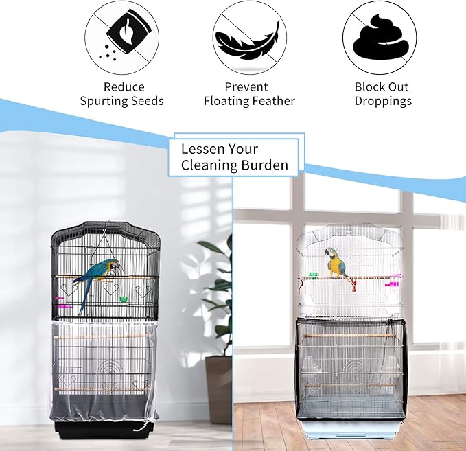 Daoeny Universal Bird Cage Cover, Adjustable Parrot Nylon Airy Soft Mesh Net, Seed Feather Catcher, Birdcage Cover Skirt Sheer Guard for Parakeet Macaw Round Square Cages (White)
