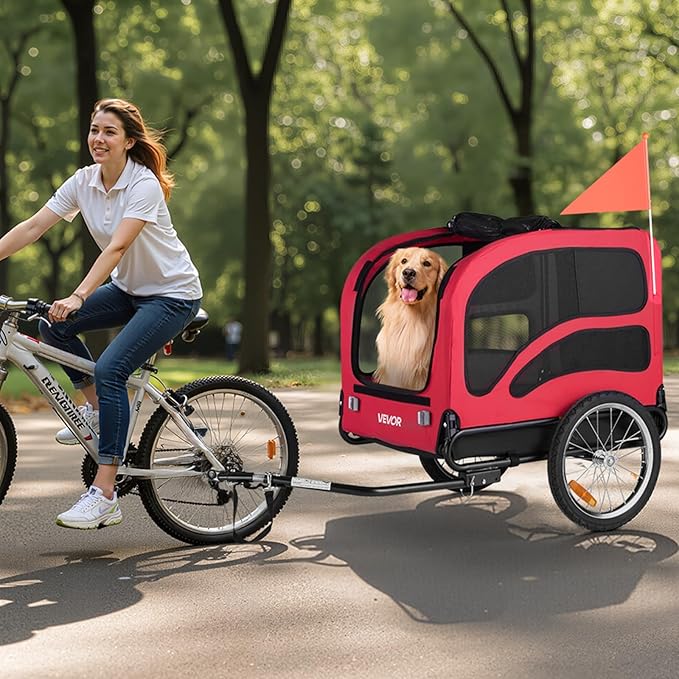 VEVOR Dog Bike Trailer, Supports up to 100 lbs, Pet Cart Bicycle Carrier, Easy Folding Frame with Quick Release Wheels, Universal Bicycle Coupler, Reflectors, Flag, Collapsible to Store