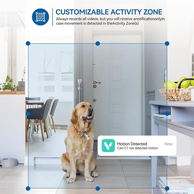 2K Home Indoor Pet Security Camera 2.4GHz with Night Vision, Dog/Cat 2-Way Audio, Wired, Motion Detection and Pet Monitor, Cloud & SD Card Storage, Phone App Control (White-2Pack)