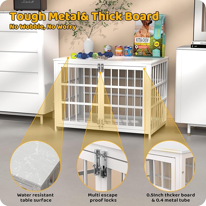 Heavy Duty Dog Crate Furniture – Indestructible Furniture Style Dog Kennel with Wooden Table Top, Escape-Proof Crate for High Anxiety Dogs, Decorative Indoor Pet House with Double Doors & Secure Locks
