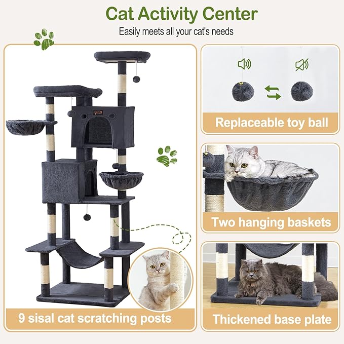 Large Cat Tree Tower for Indoor Cats Adult, 74.8 Inch Tall Large Multi-Level Tree Towers with Scratching Posts, Condo, Hammock, Bed for Big Cats, Modern Cat Trees Furniture Heavy Duty (Dark Gray)