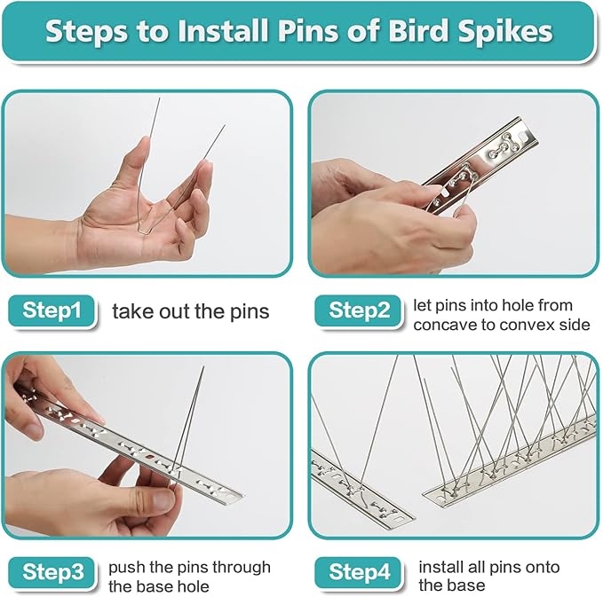 KKY Bird Spikes Stainless Steel Base, Metal Bird Repellent Nail Fence Kit, Can Be Used to Stop Pigeons and Other Small Birds, Covering 65 Feet 60 Packs.