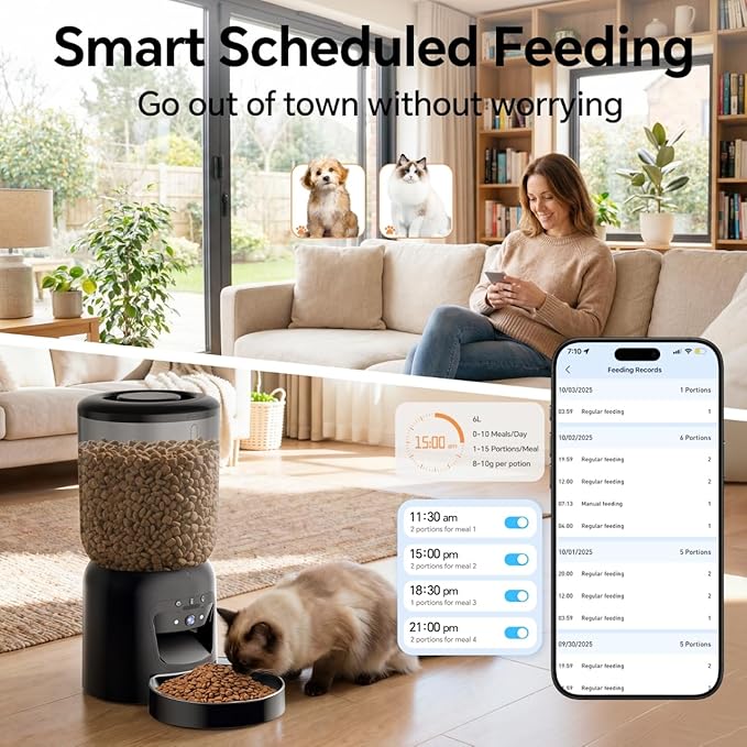 Automatic Pet Feeder with 3K HD Camera & App Control - Smart Dog Cat Feeder, 2.4G/5G WiFi, 2-Way Audio, Night Vision, Slow Feed, 6L Capacity, Battery Backup, Anti-Jam, Freshness Seal,Black