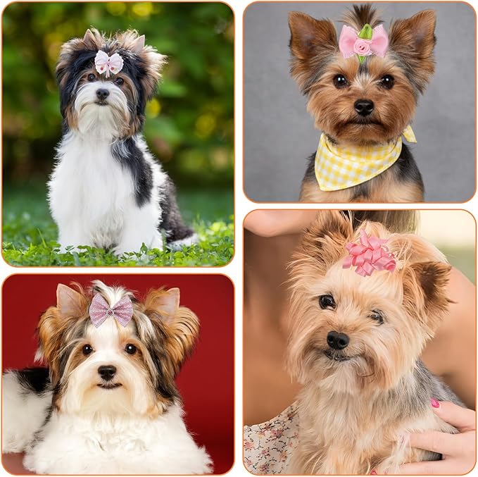 20Pcs Light Pink Small Dog Hair Bows, Cute Puppy Dog Bowknot Hair Bow Bulk with Rubber Bands, Mix Color Cute Grooming Flower Ball Bowknot Top Knot for Holiday Daily Yorkie Dogs Accessories
