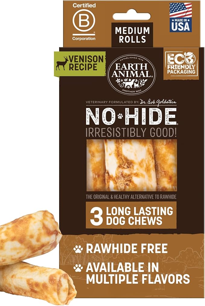 Earth Animal No Hide Chews - Long Lasting Rawhide Free Medium Dog Chews Rolls, Venison - 3 Count Value Pack