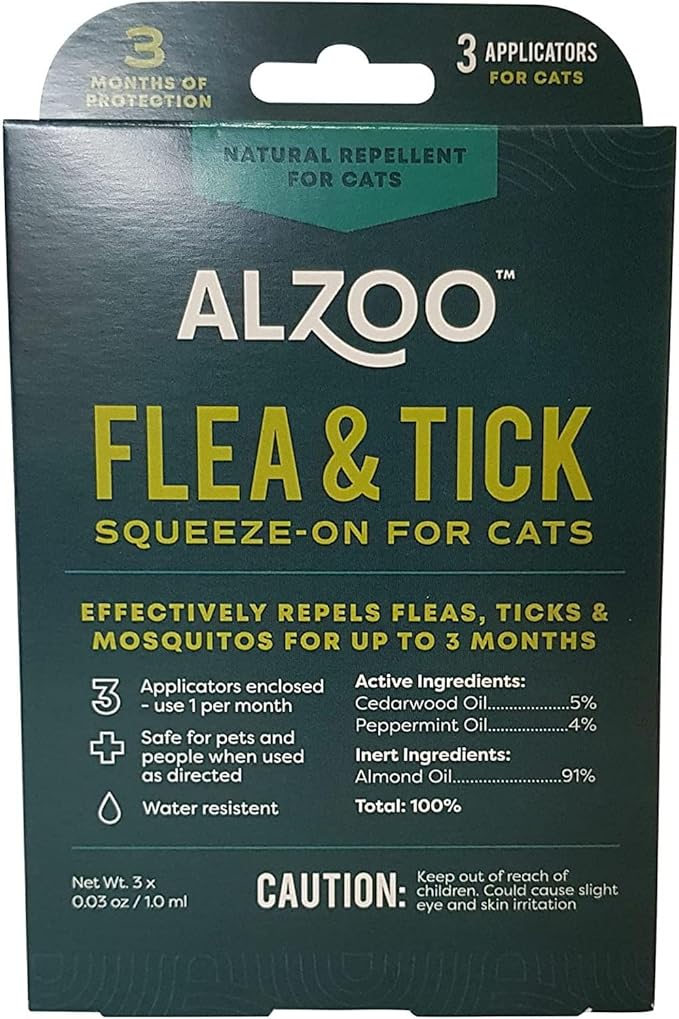 ALZOO Natural Flea & Tick Squeeze-On for Cats, Helps Repel Fleas, Ticks & Mosquitos, Up to 3-Months Protection, Plant-Based Active Ingredients, Water-Resistant, 3 EZ-On Applicators Per Pack