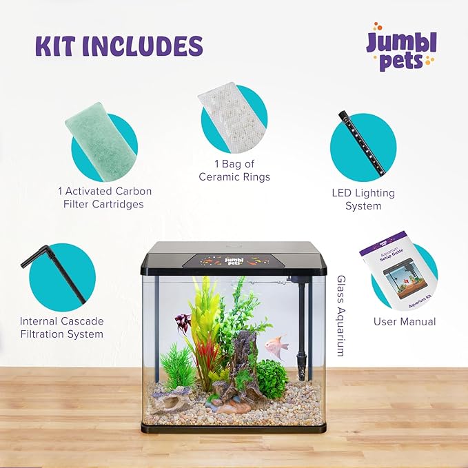 JumblPets Starter Fish Aquarium Kit, 4 Gallon, Complete Beginner Glass Fish Tanks Set with LED Lighting, Internal Filtration System, Filter Media Set, Hood & Lid, Ideal for Freshwater and Marine Fish