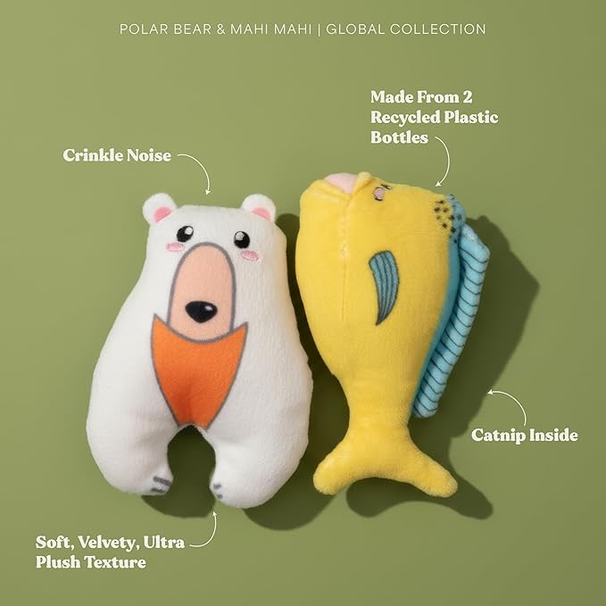 Cat Toys | Plush Toy Polar Bear & Mahi Mahi (Value 2-Pack) Cat Toys for Indoor Cats | Eco Friendly Toy Made from Non Toxic Materials