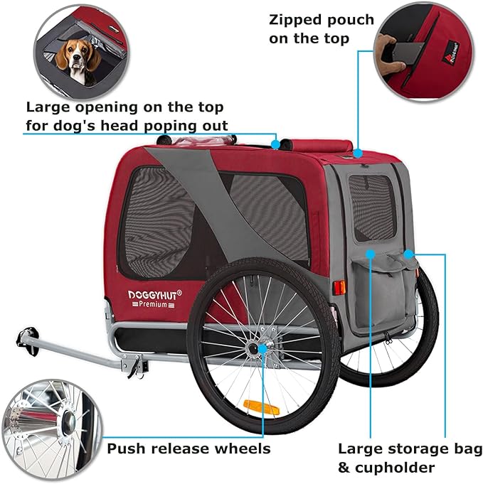 DOGGYHUT® Premium Large Pet Bike Trailer for Medium or Large Dog, Up to 78 lbs,Dog Bicycle Carrier,Low Center of Gravity,Easy Folding Frame