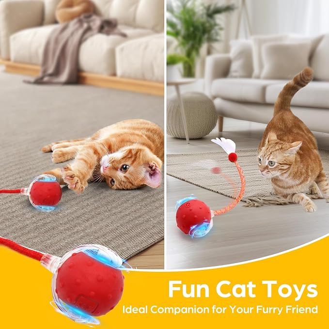 Interactive Cat Toys Ball, 2 Pcs Automatic Moving Cats Toy with Elastic Mesh Bell Tail, Rechargeable Cat Ball for Bored Indoor Adult Cats, Energetic-cat (Red+Blue)