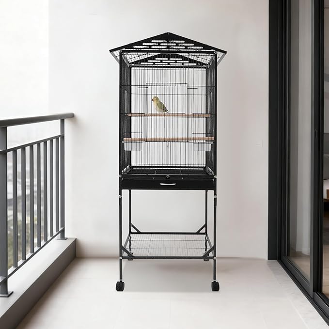Large Modern Bird Cage 46" for Parrots,Iron Birdcage with Rolling Lockable Wheels & Storage Shelf,Open Top Design & Feeding Doors for Cockatiels Parakeets (Black)