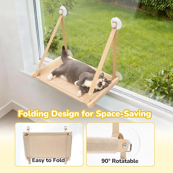 CATISM Cat Window Perch - Cat Hammock for Window, Soft Seat Machine Washable, Solid Wood Frame, 4 Suction Cups, Hammock Bed for Cats Inside(23.43x14.5In) L