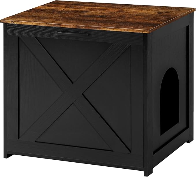 Dwanton Cat Litter Box Furniture Hidden, Cat Litter Box Enclosure, Reversible Entrance Can Be on Left or Right Side, Indoor Cabinet, Wooden Washroom, Nightstand, Black and Rustic Brown, 23.6" L