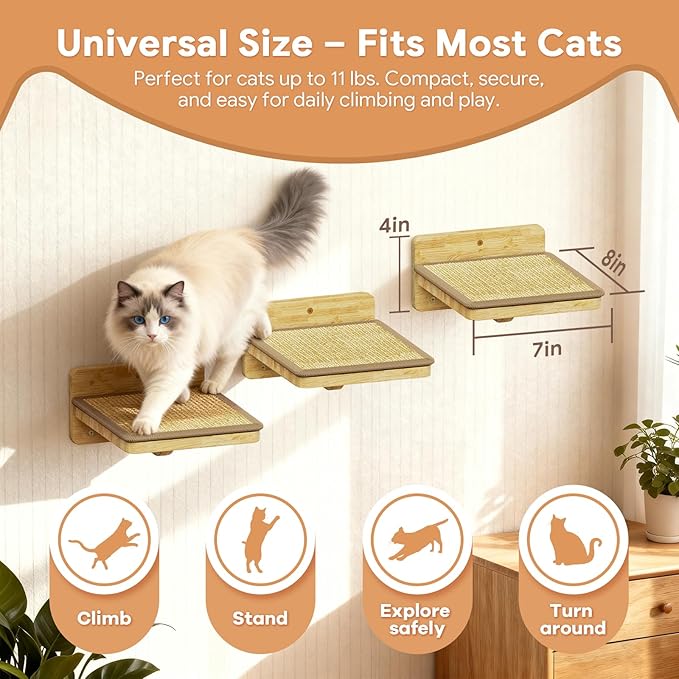 3Pcs 8"×7" Cat Wall Steps - Cat Stairs for Wall, Ladder Natural Wood with Fixtures,Turn Around or Climbing or Playing for Kittens and Adult Cats