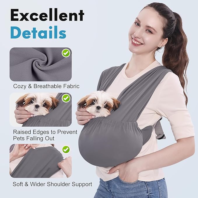 Supet Dog Sling Carrier for Small Pets, Hands Free Cat Sling, Reducing Back Neck Pain Anti-Anxiety Puppy Front, Adjustable Soft Dog Carrying (Grey, Regular)
