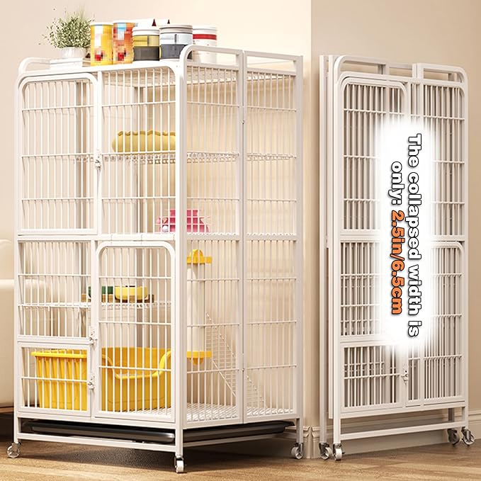 Multi-Tier Collapsible Cat Cage Crate, cat playpen for Indoor with 360° Wheels, Metal Wire Cat Kennel with Secure Lock, Large Ferret Playpen for Adult Cats Kitten Chinchilla (White 3-Tier)