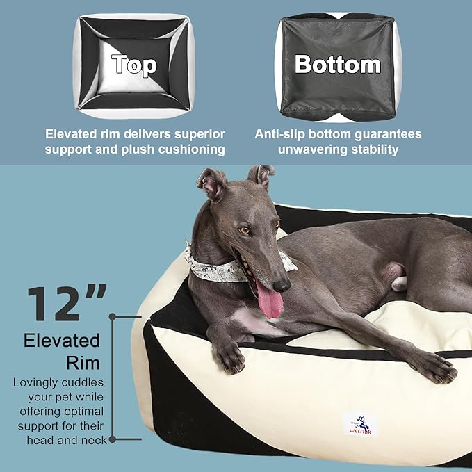 Washable Rectangle Dog Bed with Removable Cover, Color-Block Gingham Cotton Large Dog Sofa, Durable Breathable Scratch Resistant Pet Bed, Large