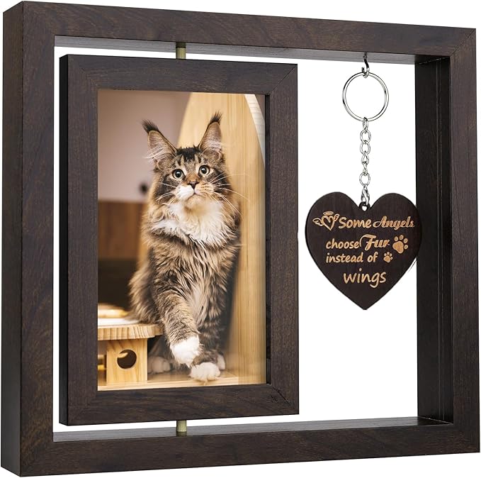 AVEAX Cat Memorial Gifts for Loss of Cat, Rotating Picture Frame 4x6, Pet Loss Sympathy Gift, Cat Memorial for Desktop Display, Brown