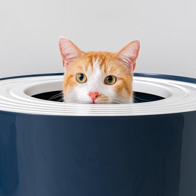IRIS USA Large Top Entry Cat Litter Box with Lid Enclosed Covered Hooded Design Litter Catching Scatter Shield Pan Dog Proof Pet Proof Scoop Included Odor Control for Indoor Cats Kittens, Navy/White