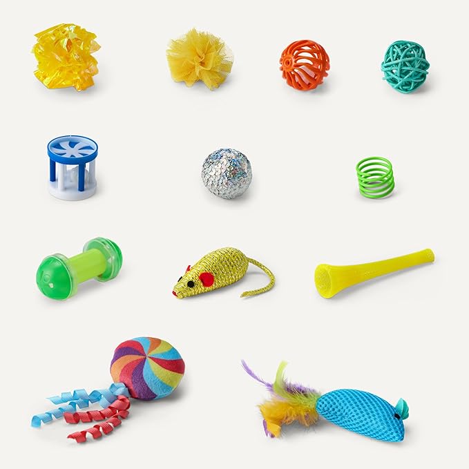Amazon Basics Cat Toy Set, 20 Piece Variety Pack with Teaser, Ball, Feather, Spring