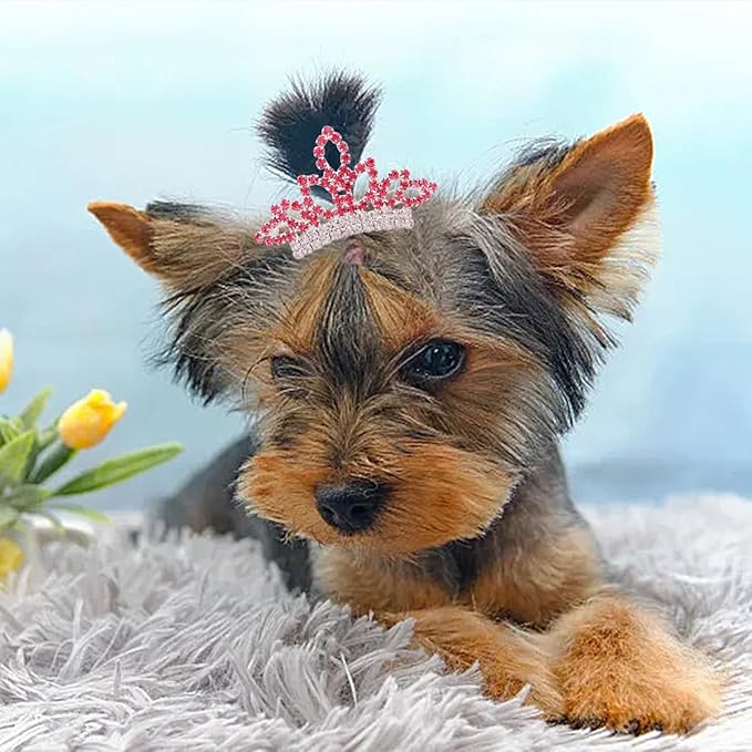PET SHOW Dog Tiara Crown Hair Clips Bows for Small Dogs Costume Crystal Rhinestone Girls Puppies Barrette Grooming Hair Accessories (2pcs Silver + Pink Crown)
