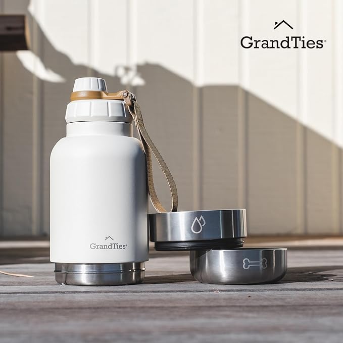 GrandTies Insulated Portable Water Bottle with 2 Detachable Dog Bowl Dispenser | Leak-Proof Food Travel Container | Walking, Hiking, Camping (64oz, Ivory White)