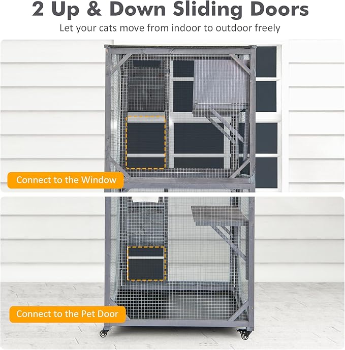 Tangkula Catio Outdoor Cat Enclosure, 72 Inch Wooden Cat House on Wheels with Resting Box, 2 Platforms & Weatherproof Asphalt Roof, Large Kitty Cat Condo Cage Playpen with Enter Doors & PP Layer