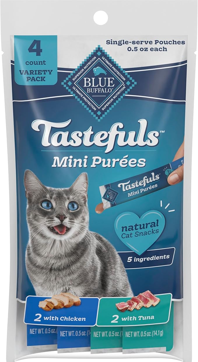 Blue Buffalo Tastefuls Mini Purées, Adult Cat Natural Single-Serving Snack, 4-Count Variety Pack Chicken and Tuna, 0.5 oz. (Pack of 1)