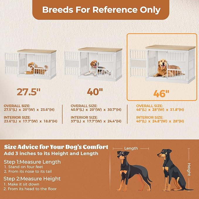 VOPEAK 46" Dog Crate Furniture, Chew Resistant Large Dog Crate for Medium Large Dogs, Heavy Duty XL Dog Crates Dog Kennel Cage Indoor with Double Doors, End Table for Bedroom Living Room, White