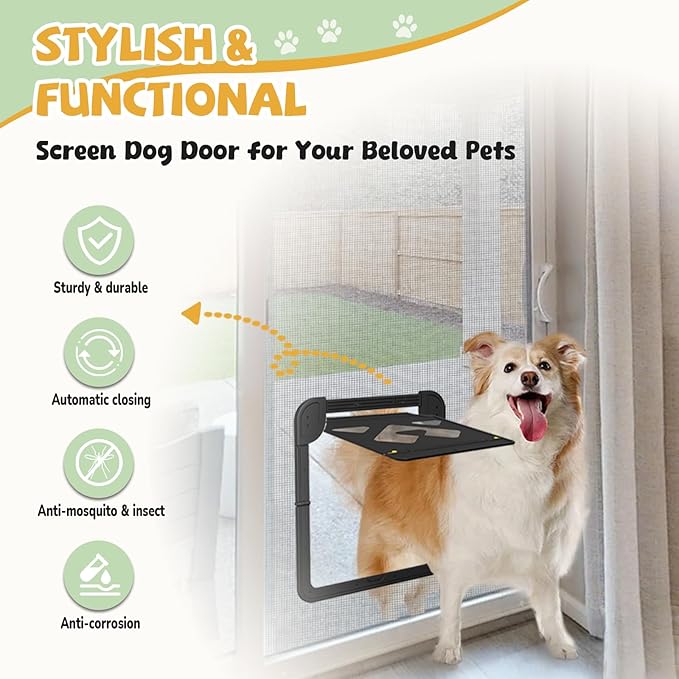 Dog Door for Screen Door, Lockable Pet Door for Sliding Screen Door, Magnetic Auto-Close Door Flap 14 x 11.8 inch, Black
