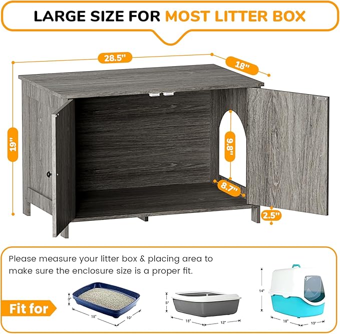 Cat Litter Box Enclosure Furniture Dog Proof, Hidden Kitty Washroom Low Entry, Wooden Cat Boxes Enclosure Odor Control for Home, Farmhouse Style Decorative Cabinet with Storage,Oak Grey