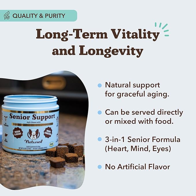 Natural Dog Company Senior Dog Vitamins Chew for Brain, Heart & Eye Health - Cognitive Support, Vision Clarity & Cardiovascular Function with Omega-3s, Lion’s Mane Senior Dog Supplements, 90 cnt