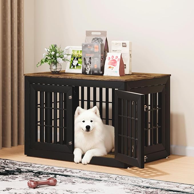 42" Heavy Duty Dog Crate Furniture for Small,Medium and Large Dogs,Rustic Wooden Dog Cage Kennel Indoor Furniture with Waterproof Top,Decorative Pet House Side End Table (Black & Wood)