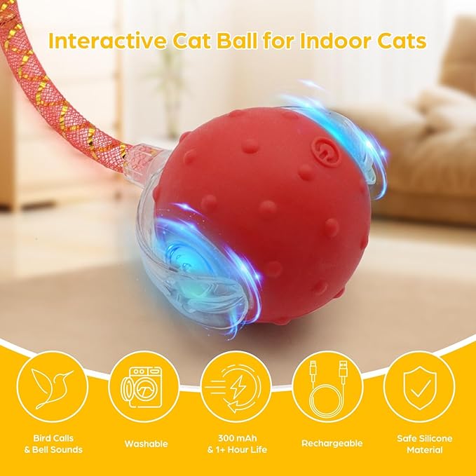 Interactive Cat Toys Ball, 2 Pcs Automatic Moving Cats Toy with Elastic Mesh Bell Tail, Rechargeable Cat Ball for Bored Indoor Adult Cats, Energetic-cat (Red+Blue)