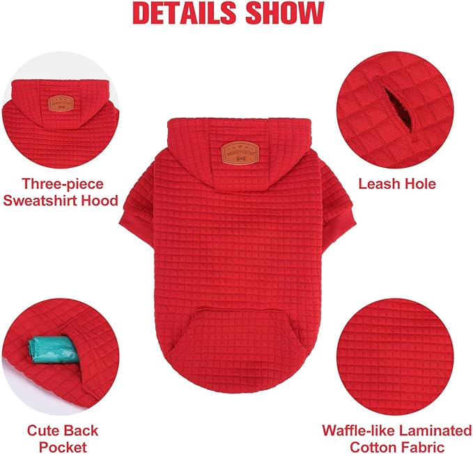 BEAUTYZOO Dog Hoodie with Leash Hole and Pocket,Dog Sweaters for Small Medium Large Dogs Boys Girls,Waffle-Like Laminated Cotton Warm Outfits for French Bulldogs, Pitbull, Winter Puppy Clothes Jacket