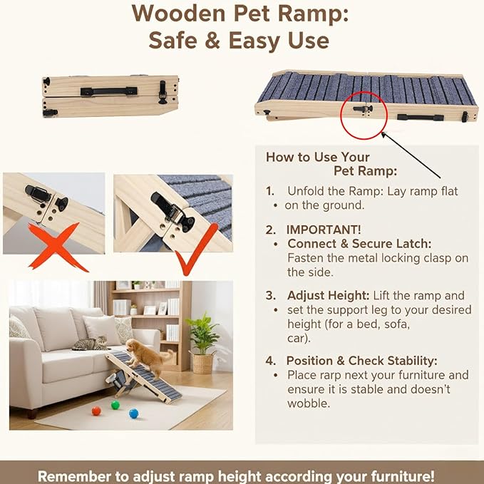 2026 Upgraded Dog Ramp for Couch & Low Bed, 33" L Folding Wood Pet Ramp 200LB Capacity, 4-Level Adjustable Height 11"-20", Non-Slip Sturdy Puppy Ramp for Small & Senior Dogs, Joint Relief, Wavy Design