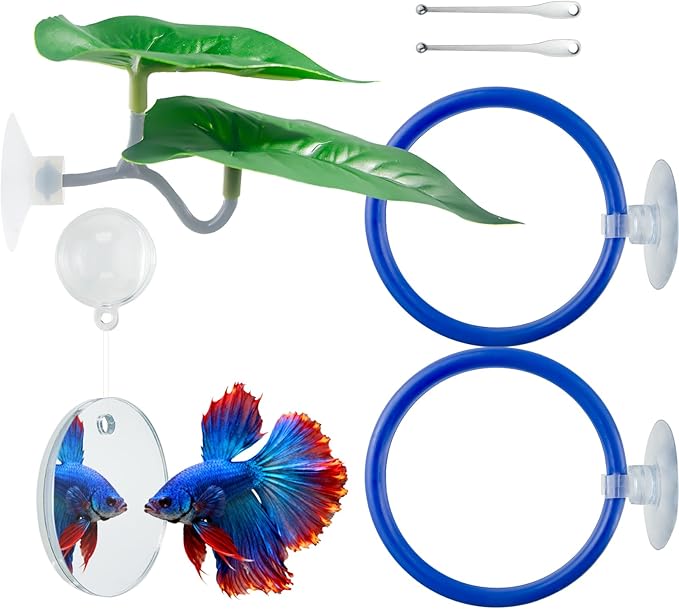 Betta Fish Toy Set,Betta Training Floating Mirror, Training/Feeding Ring, Spoon, and Resting Leaf. Promotes Exercise. Betta Toys, Resting & Feeding Kit