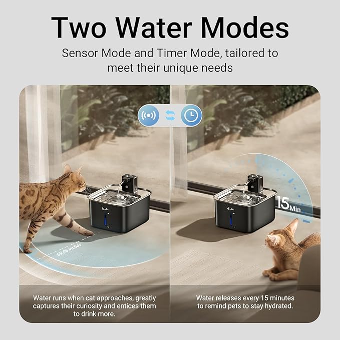 DownyPaws Cat Water Fountain Stainless Steel Wireless, 101 oz/3L FurSink Cordless Water Fountain for Cats, Battery Operated Cat Fountains for Drinking with Motion Sensor, Easy Clean, Black