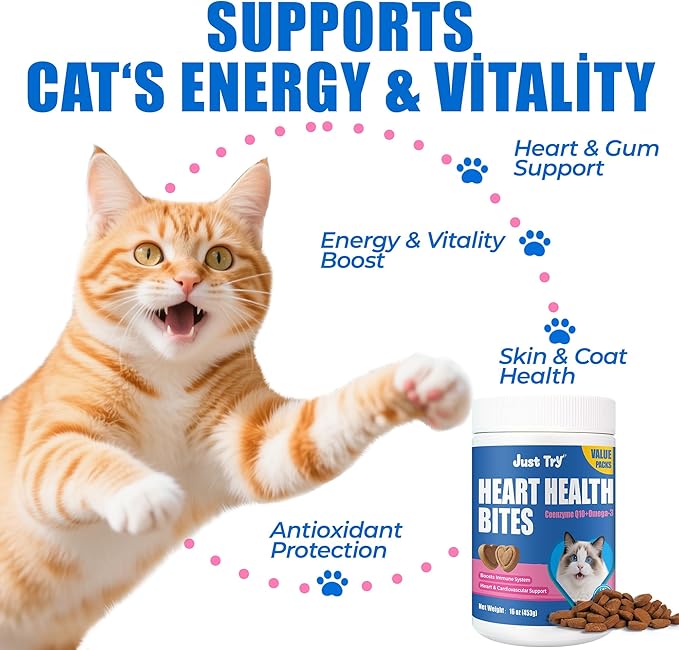 Just Try 16 OZ Coenzyme Q10 Heart Heathy Bites for Cats Value Packs - Advanced Coq10 & Taurine Supplement for Feline Heart Health - Chicken Flavored Soft Chews - Supports Heart Function