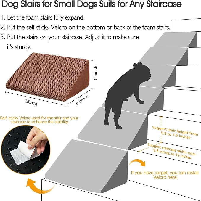 40D Dog Ramp for Stairs for Small & Senior Dogs and Cats – Non-Slip Stair Ramp for Dogs with Gentle Slope, Pet Ramp with Washable Cover & Self-Sticky Pads for Safe Climbing Easy Install(Brown, 3 Pack)