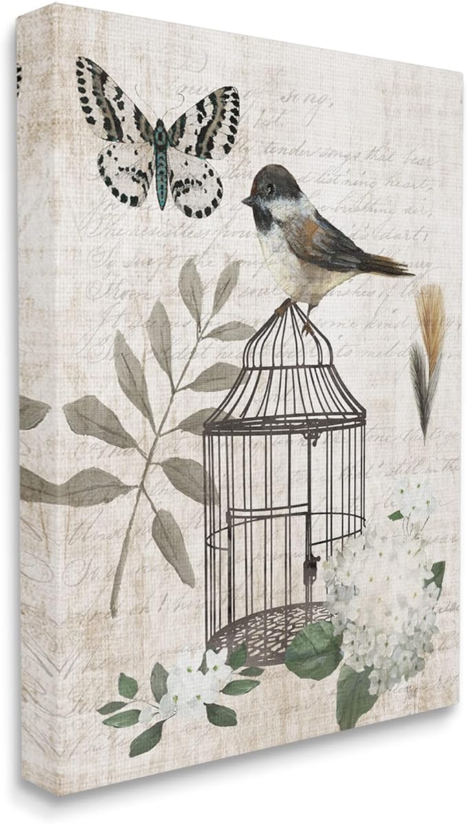 Stupell Industries Botanical Bird Cage Vintage Words Butterfly Motif Canvas Wall Art, Design By Nan