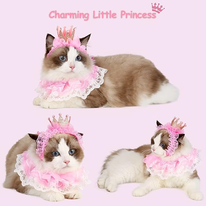 Legendog Cat Bandana, Princess Costume, Cute Lace Dog Bandanas and Crown Accessories for Small Dogs, Pink Outfit for Birthday Party (B-Pink)