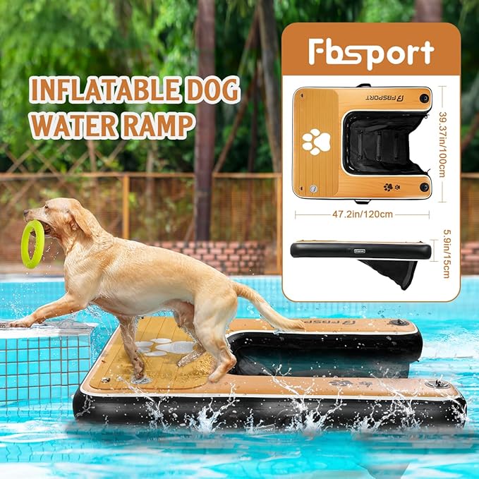FBSPORT Inflatable Dog Boat Ramp Floating Dock Water Ladder for Pool, Boat, Non-Slip EVA Floating Ladder Pool Ramp for Dog Up to 220 LBs, Safe & Easy Access