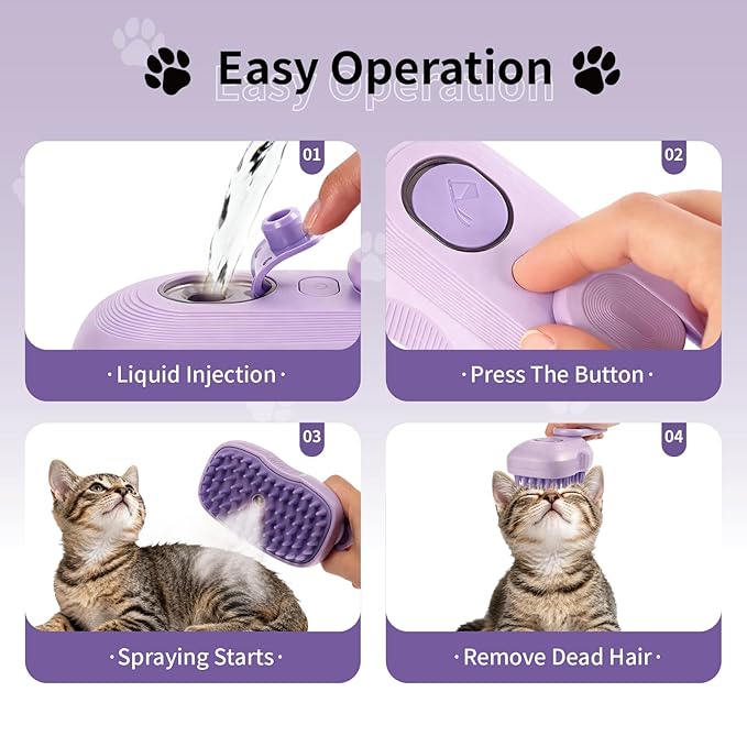 Cat Steam Brush for Shedding, 4 in 1 Rechargeable Steam Brush for Cats and Dogs, Anti-Static, Massage, Cleaning, Shedding & Combing All in One! (Purple)