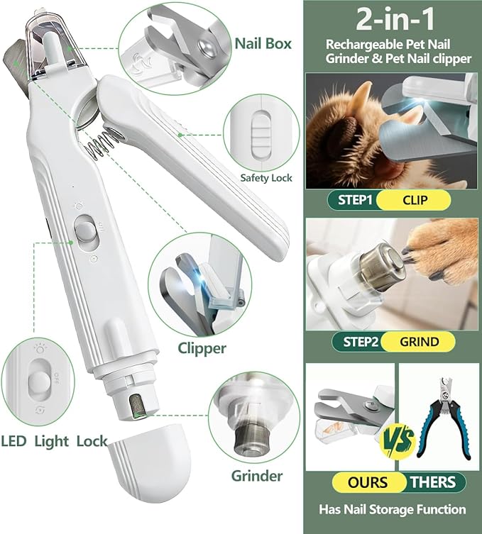 2-in-1 Dog Nail Clipper & Nail Grinder with 2 LED Lights Splash Guard for Large Medium Small Cats Dogs Pets Paw Trimmer Claw Grinders USB Rechargeable White