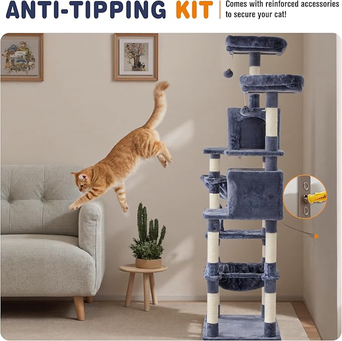 Sweetcrispy 71 inch Cat Tree Tower, Large Multi Level Cat Climbing Tower with Condo, Natural Sisal Scratching Posts, Platform, Hammock, Basket, Tall Pet Tree House for Indoor Cats Play, Dark Blue