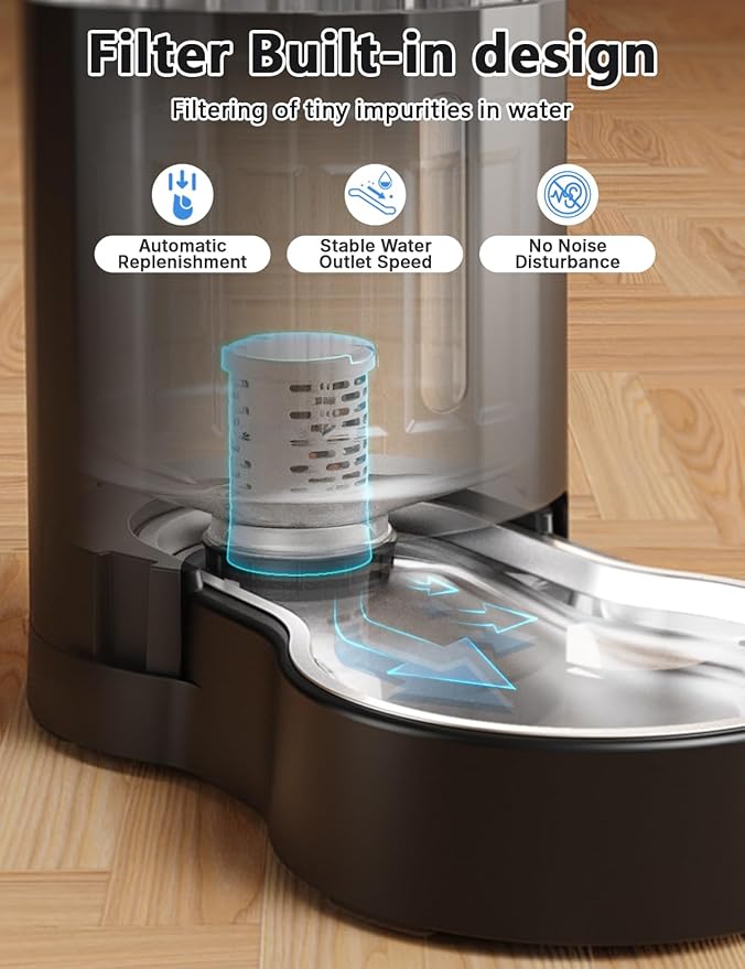 Cat Water Dispenser with Filter and Stainless Steel Bowl, Automatic Gravity Water Dispenser for Cats or Small Medium Size Dogs, Large Capacity, Easy to Clean and Safe for Pets (4L Black)